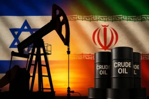 Crude oil barrels and oil pump with Israel and Iran flags in the background, symbolizing crude oil price surge due to Israel-Iran tensions.
